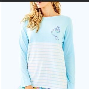 Lilly Pulitzer Aqua Mermaid Cove Long Sleeve Top Pima Cotton beachy long sleeve